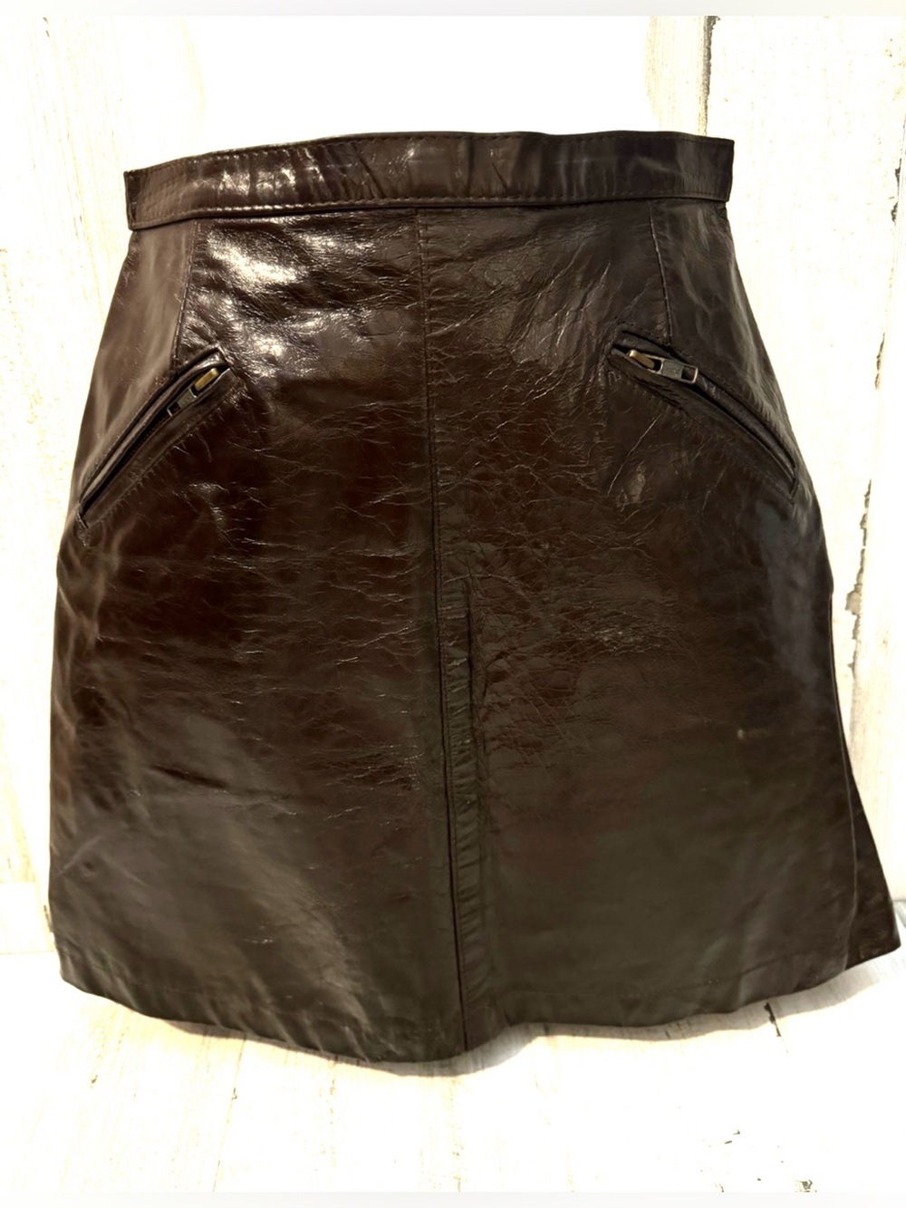 Patrizia Pepe Vintage Leather Crackled Brown Pockets Lined Zip Up Mini Skirt 10